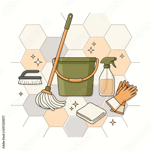 Tableau sur toile Cleaning supplies on hexagonal background.
