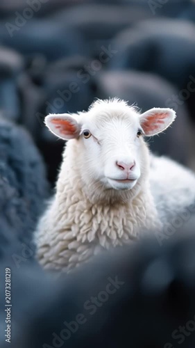 One unique white lamb standing in a large flock of dark sheep. Concept of being different, individuality, leadership, and nonconformity
