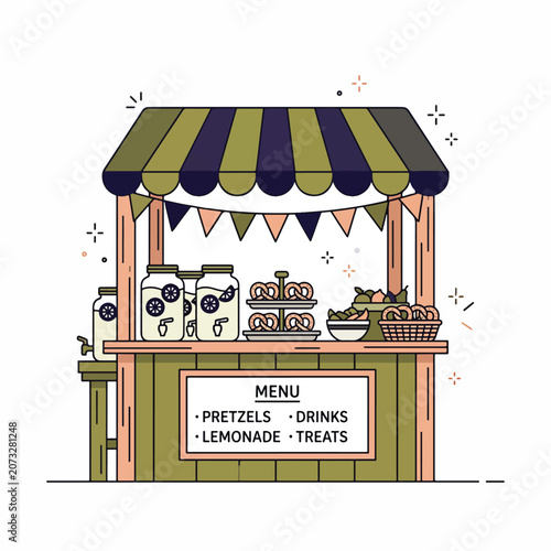 Colorful food cart with menu board.