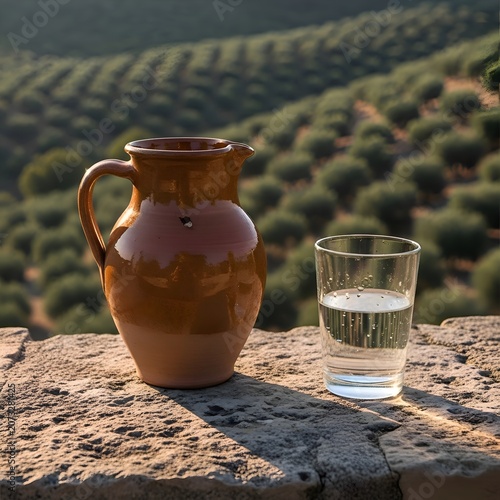 Rustic Clay Pitcher and Glass of Fresh Water on Stone Wall Overlooking Mediterranean Olive Grove