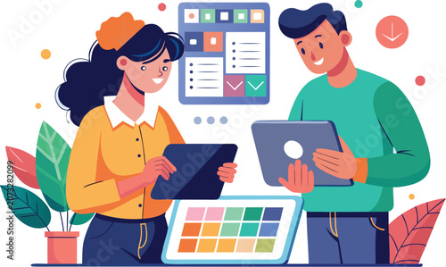 Digital collaboration team reviewing designs and color palettes isolated on transparent background