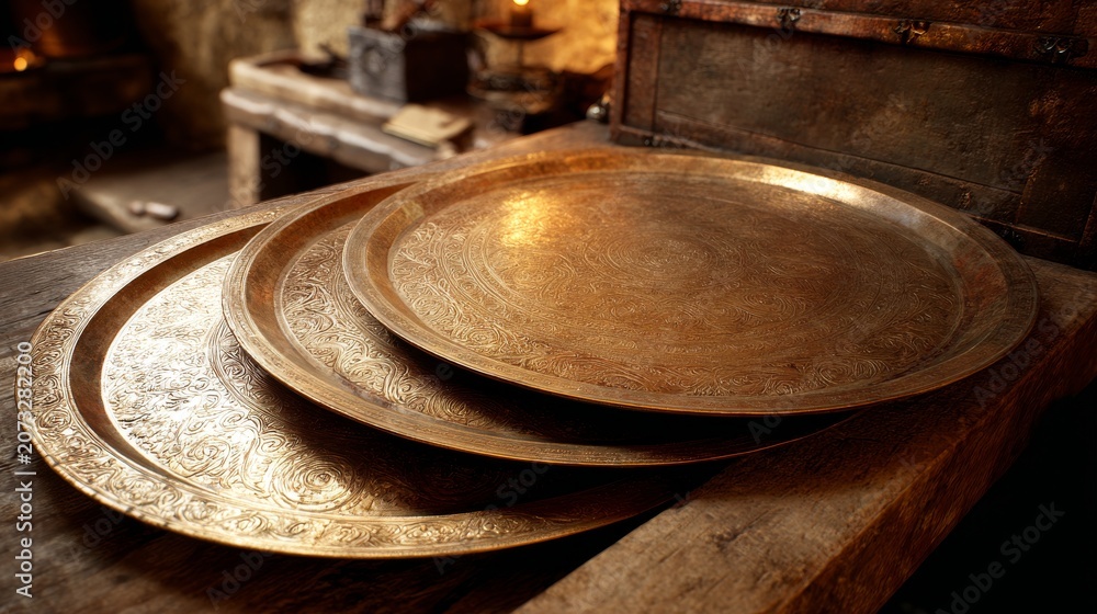 Obraz premium Antique Decorative Metal Platter Set on Rustic Wooden Table