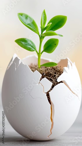 Conceptual video illustrating new beginnings and growth. A green sprout emerges from a cracked egg, symbolizing hope and fresh starts