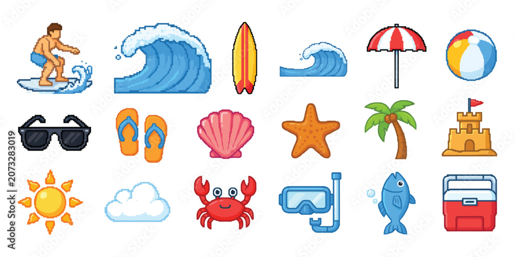 Obraz premium Pixel Art Icons Featuring Summer Beach Elements with Surfer, Wave, Sun, Palm Tree, Sandcastle, Crab, and Retro 8 Bit Game Style