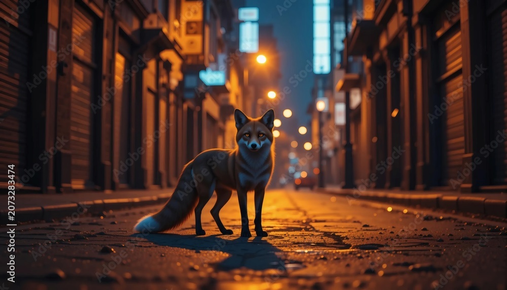 Obraz premium Alert Fox Standing in Rainy City Alley