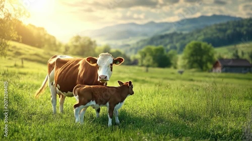 Serene landscape with cows grazing in lush green pasture at sunset. Mother's Day, Mothering Sunday, Dia de la Madre - Global Maternal Celebration, Worldwide Family Holiday