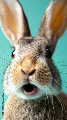 Surprised rabbit screaming or yawning with wide open mouth against a turquoise background. Close up portrait of a funny bunny