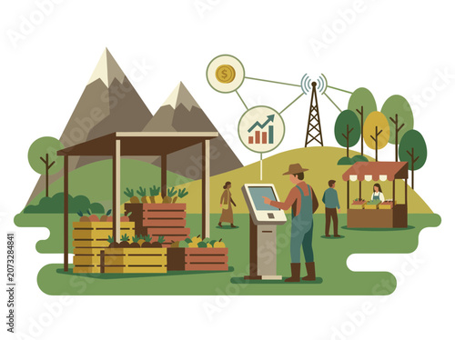 Rural Farmer Using Digital Kiosk For Agricultural Market Produce Sales And Smart Farming Commerce