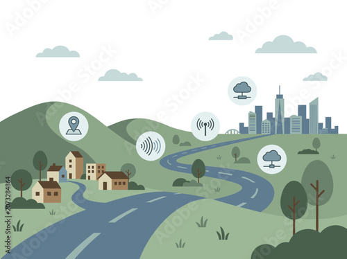 Modular Vector Countryside Road Winding Through Sage Green Hills And Small Village Landscape