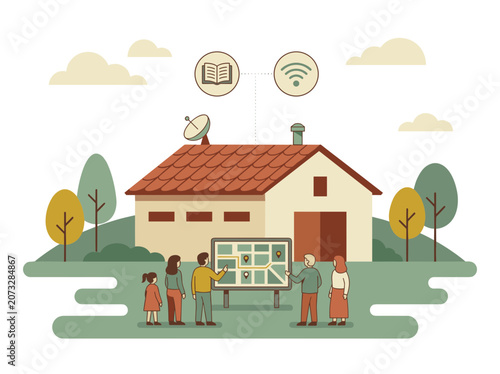 Rural Community Center With Satellite Dish And WiFi Access For Digital Connectivity Illustration