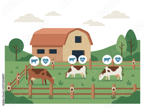 Smart Dairy Farm Vector Illustration With Cows Grazing In Fenced Pasture And Livestock Sensors