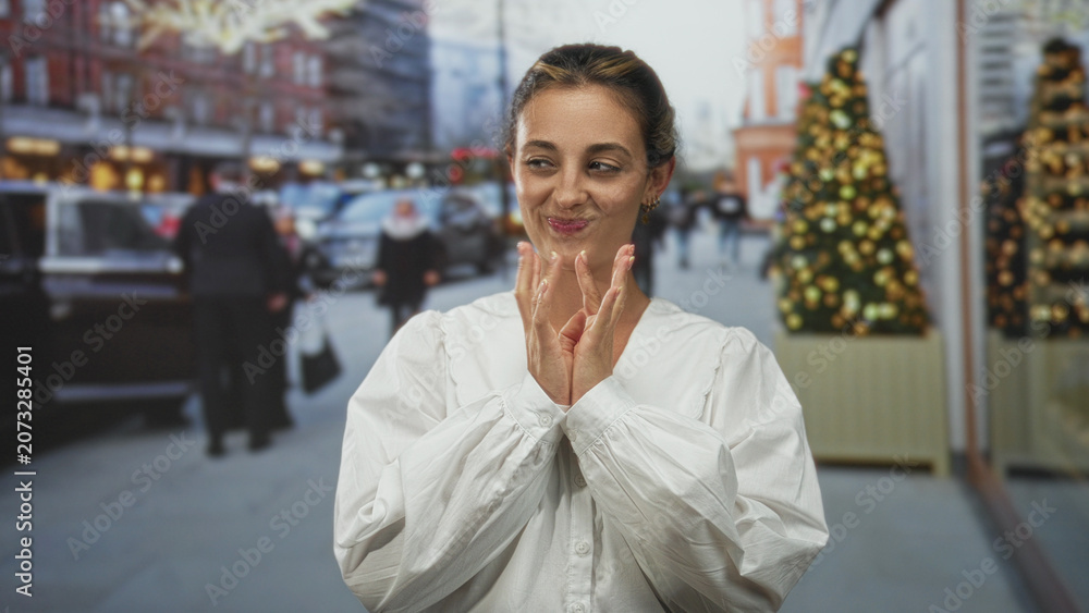 Fototapeta premium Woman with hands clasped at chest wearing white blouse, smiling and looking up on street beside decorated storefront and christmas tree; wishful hope holiday shopping.