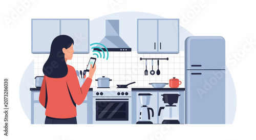 Flat vector illustration of a woman using a smartphone app to remotely control smart kitchen appliances like the refrigerator, stove, and coffee maker via Wi-Fi technology.