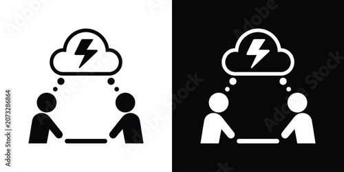 Foto Brainstorming icon featuring two people under a lightning cloud, symbolizing a sudden concept, conflict, or intense creative debate