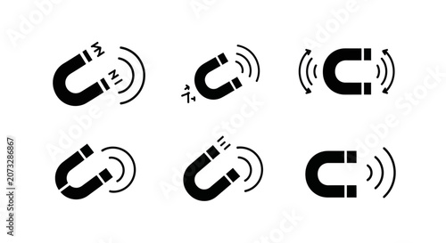 Plakat w ramie Set of horseshoe magnet icons with magnetic field lines.