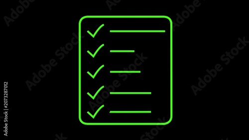 A vertical list icon with five completed tasks represented by bright green checkmarks and horizontal lines on a black background, symbolizing a to-do list or checklist