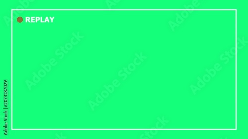 A bright green screen with a white border and a small reddish-brown circle next to the word REPLAY in white text indicating a video recording or playback status