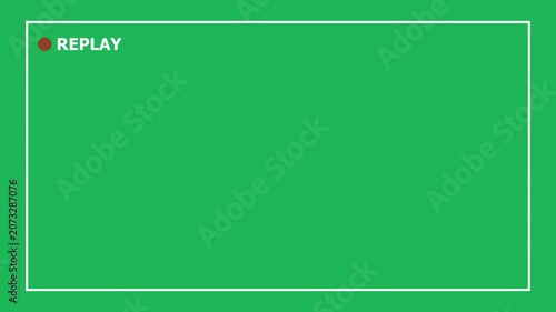 A vivid green background framed by a white border, with a small reddish-brown dot adjacent to the word REPLAY in white lettering, signifying a media playback or recording status