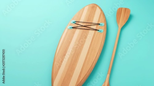 Bamboo paddleboard and paddle on teal background - minimalist design