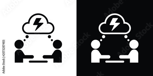 Tableau sur toile Brainstorming icon featuring two people under a lightning cloud, symbolizing a sudden concept, conflict, or intense creative debate
