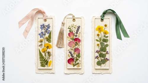 Handcrafted Pressed Flower Paper Bookmarks Decorated with Colorful Botanical Arrangements and Silk Ribbon Accents