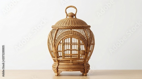 Masterfully handcrafted natural rattan birdcage, a beautifully detailed decorative item perfect for rustic and vintage-inspired home decor