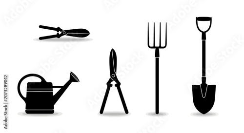 Foto Gardening tools icons set including pruners watering can shears pitchfork and sh