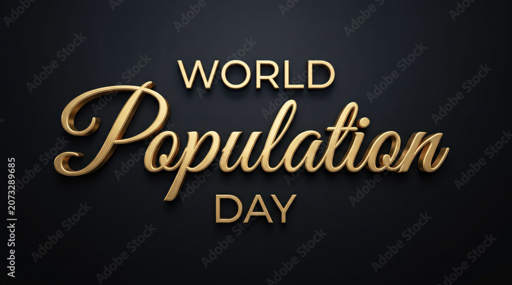 Obraz premium World Population Day elegant gold typography on black background, luxury 3D golden lettering for global awareness event, premium holiday greeting
