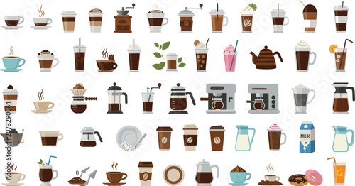 Photos Vector illustration set of various coffee drinks brewing equipment espresso mach
