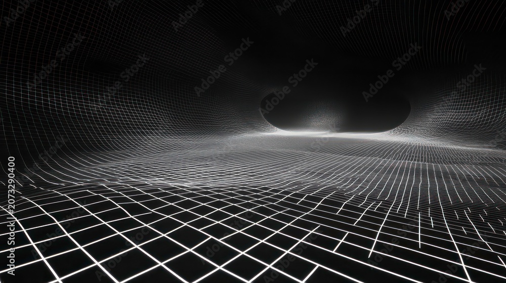 Naklejka premium 3d abstract black and white background. Retrowave retro 80s 90s futuristic grey laser neon grid surface. Wireframe tunnel net in dark space isolated black Disco music template