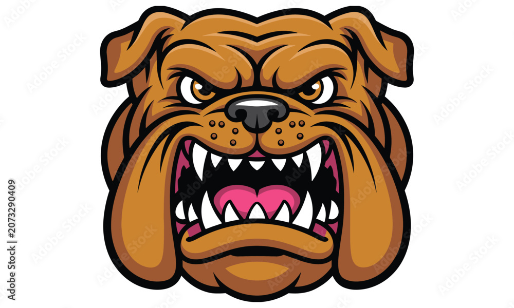 Fototapeta premium Fierce brown bulldog mascot head with sharp teeth and an angry expression designed in a bold professional vector art style