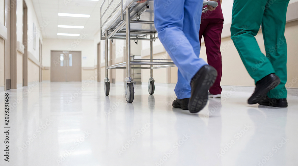 Fototapeta premium Healthcare professionals push a gurney rapidly through a hospital hallway, conveying urgency in medical care and patient transport