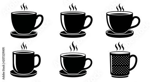 Set of black hot coffee cups with saucers and steam espresso cappuccino latte mocha tea mugs vector illustrations