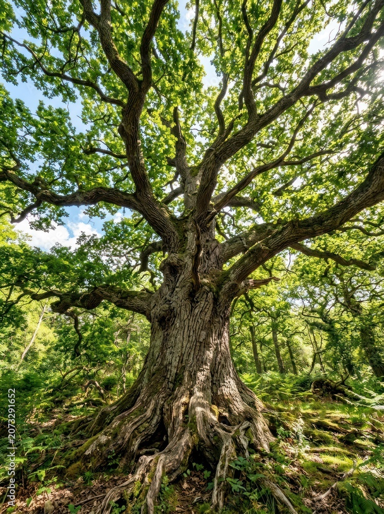 Fototapeta premium Majestic Ancient Oak Tree with Spreading Branches in Lush Green Forest.