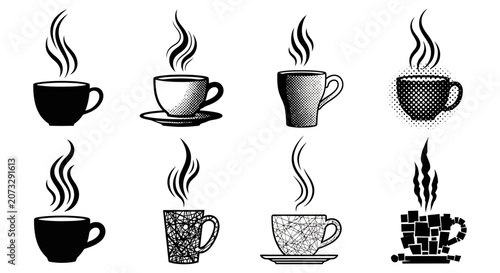Set of eight creative coffee cup icons with steam in various artistic styles including halftone dots mosaic patterns and geometric lines on white