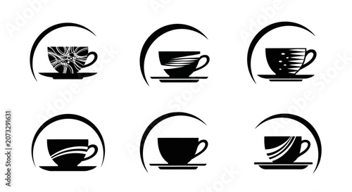 Abstract coffee cup logo set featuring circular swoosh elements and decorative patterns inside mug silhouettes for modern cafe branding and identity