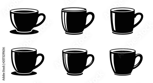 Assortment of black coffee cups and mugs with handles and saucers on white background clean vector icons