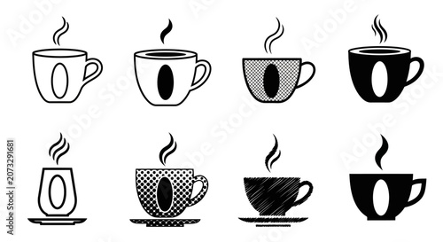 set of eight steaming hot coffee cup icons with various stylistic treatments and outlines