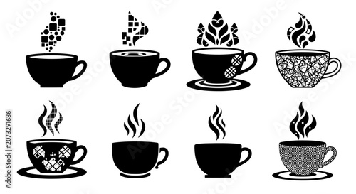 Stylized set of coffee cup icons with creative steam patterns and decorative cup textures on a white background