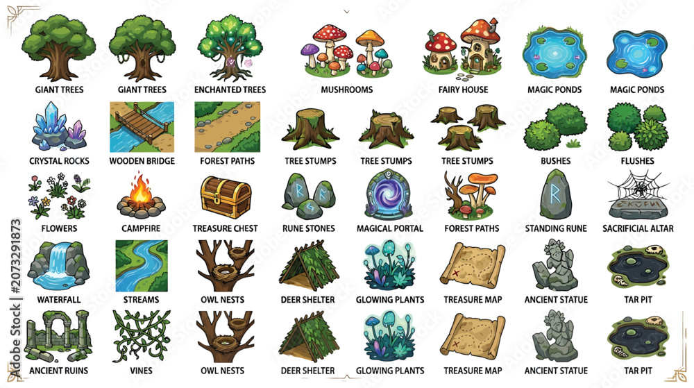 Fototapeta premium Fantasy forest game asset collection with trees, magical objects, ruins, and environment elements in vector illustration style