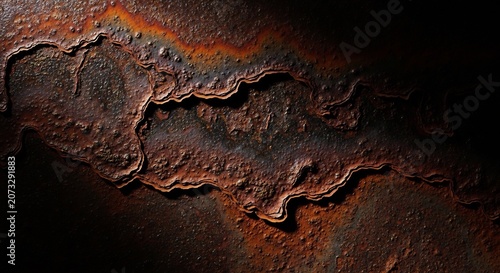 Close-up Macro Texture of Rusted Metal Surface with Organic Patterns.