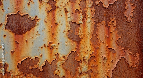 Close-up of Rusted Metal Surface with Peeling Paint Texture.