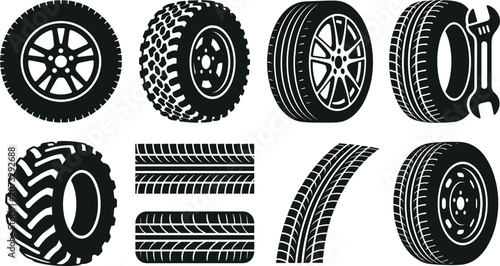 Konstfotografi Car tire icons set black rubber wheels with various tread patterns and alloy rim