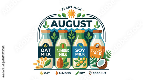 Plant Milk Variety: August Calendar Month with Oat, Almond, Soy, Coconut
