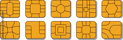 Fotografija A collection of golden smart cards with integrated circuits and varying chip lay