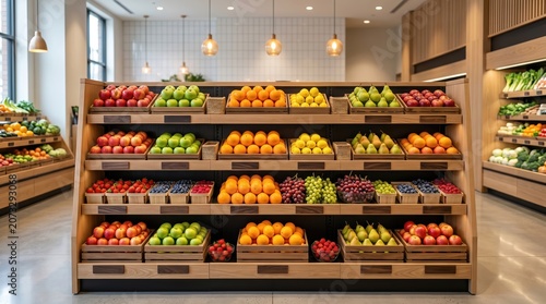 Fresh organic fruit display on wooden shelves in a modern grocery store interior.