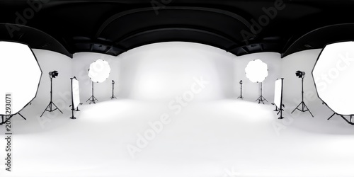 Black and white futuristic studio with high contrast lighting. Concept for luxury product reveal, virtual production set, immersive gallery and 360 HDRI background.
