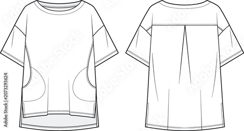 Foto Technical Flat Sketch of Oversized Short Sleeve Tunic T Shirt with Curved Patch