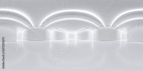 White layered futuristic hall with glowing arch ceiling. Concept for product showcase, virtual exhibition design, clean technology branding and 360 VR background.
