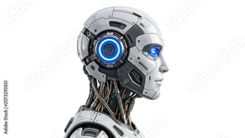 Konstfotografi Robotic head with exposed circuitry and glowing blue elements on transparent bac